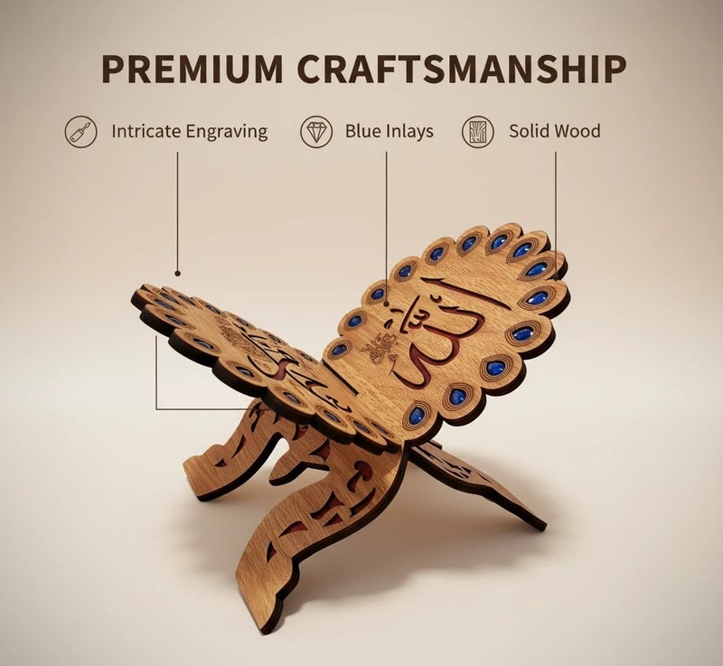 حامل مصحف خشبي قابل للطي على شكل فراشة، مزين بأحجار كريمة زرقاء وكتابة عربية، هدية مثالية لشهر رمضان وعيد الفطر. - Image 3